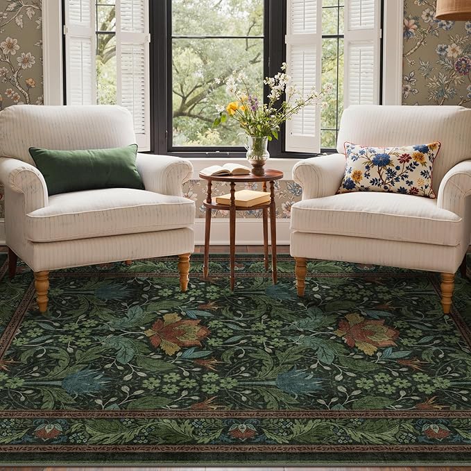 Bavni 5x7 Area Rugs for Living Room, Microfiber Machine Washable Non-Slip Vintage Floral Rug, Low Pile Lightweight Carpet for Bedroom, Dining Room, Home Office, Dark Green