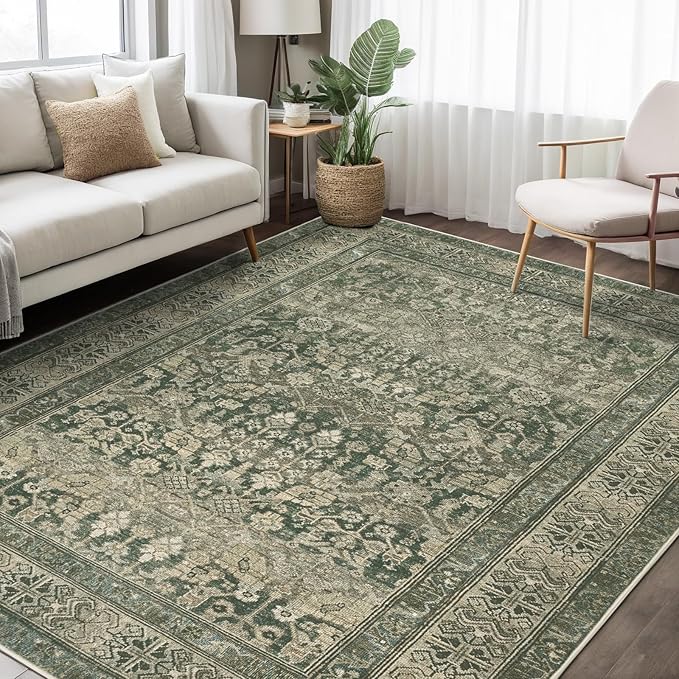 Vintage Washable Area Rug for Living Room,Low Pile 9x12 Non Slip Carpet Non-Shedding Area Rug Soft Indoor Stain Resistant Rug Floral Print Mat for Bedroom Dining Room Green