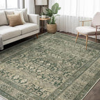 Vintage Washable Area Rug for Living Room,Low Pile 6x9 Non Slip Carpet Non-Shedding Area Rug Soft Indoor Stain Resistant Rug Floral Print Mat for Bedroom Dining Room Green