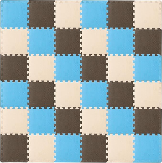 ProSource Foam Puzzle Floor Play Mat for Kids and Babies with Solid Colors, 36 or 16 Interlocking Tiles with Borders, Blue/Brown/Beige
