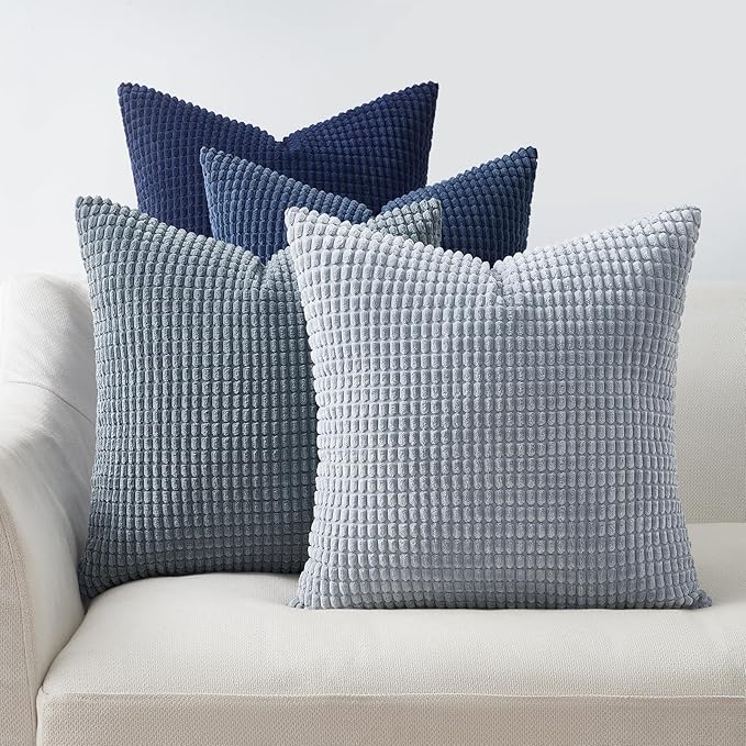 Topfinel Navy Throw Pillows Covers for Couch-18" x 18" Set of 4-Multi Marine/Dusty/Grey/Blue Combo-Fluffy Corduroy Kids Washable Decorative Cushion Case