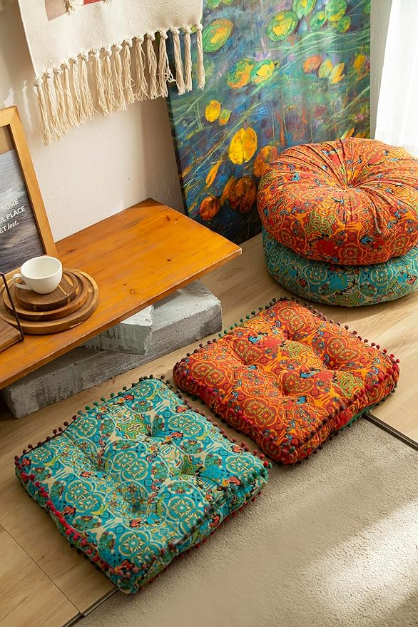 Moroccan Printed Square Chair Pads Cotton Linen Soft Comfort Chair Cushion Colorful Pompom Seat Cushions for Indoor Dining Room and Kitchen Chairs (Blue,16x16 Inch)