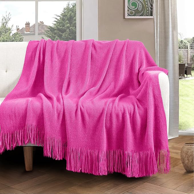 Vonty Hot Pink Knitted Blanket with Tassels Fringe 50" x 60", Super Soft Knit Throw Blanket, Farmhouse Decorative Lightweight Blanket for Couch, Sofa, Bed