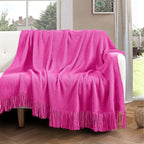 Vonty Hot Pink Knitted Blanket with Tassels Fringe 50" x 60", Super Soft Knit Throw Blanket, Farmhouse Decorative Lightweight Blanket for Couch, Sofa, Bed