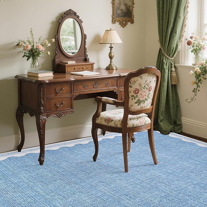 GarveeHome Scalloped Washable Rugs 9x12 Rug for Living Room Non-Slip Solid Blue Modern Minimalism Low-Pile Carpet 9 x 12 Rug for Bedroom Dining Nursery Mat with Rubber Back