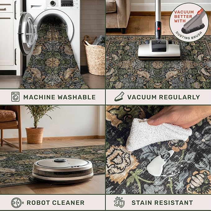 Large Entryway Rugs Indoor - 3x5 Washable Rugs for Kitchen Bedroom Beside Bed Door Mat Indoor Entrance with Moody Woodland Flowers, Non Slip Stain Resistant Low Pile