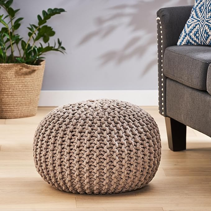 Moro Knitted Cotton 20 x 20 Round Pouf,Furniture,Primary Living Space,Bean Bag Chairs & Lazy Sofa Chair,Brown