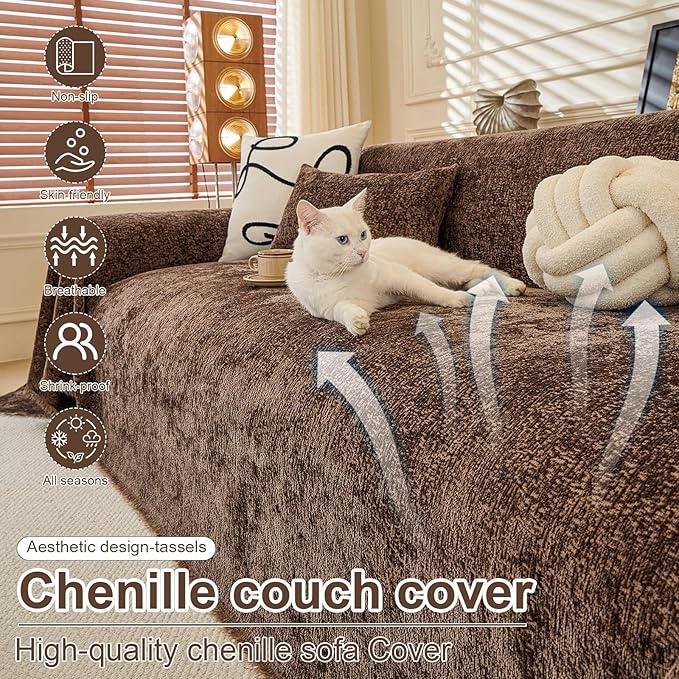ROOMLIFE Brown Sofa Cover, Vintage Boho Couch Cover for 3 Cushion Sofa, Soft Chenille Sofa Cover for Dog, Washable Furniture Sofa Protector Cover Blanket with Tassel for Living Room, 71 '' X 134''