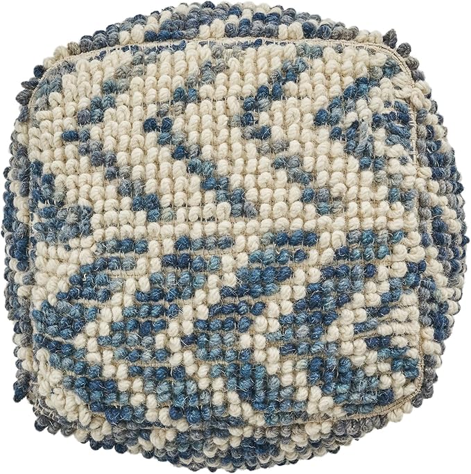 GDFStudio Boho Wool and Cotton LargePouf Ottoman Foot Stool - Bean Bag Floor Chair - Foot Rest Couch for Living Room Bedroom, White and Blue