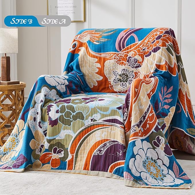 Boho Blanket Soft Muslin BohoThrow Blanket, 100% Cotton Floral Printed Farmhouse Decor All Season Reversible Rustic Throw for Sofa Couch Chair (80"x90")