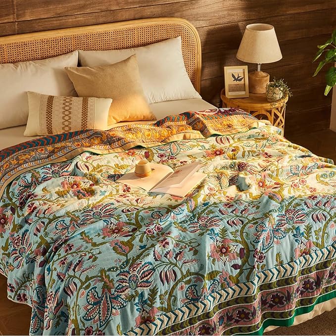 Boho Throw Blanket 100% Cotton Muslin Woven Blanket Bohemian Bed Throws Vintage Rustic Farmhouse Decor Reversible Bed Blanket Quilt for All Seasons（Blue 80"x90"）