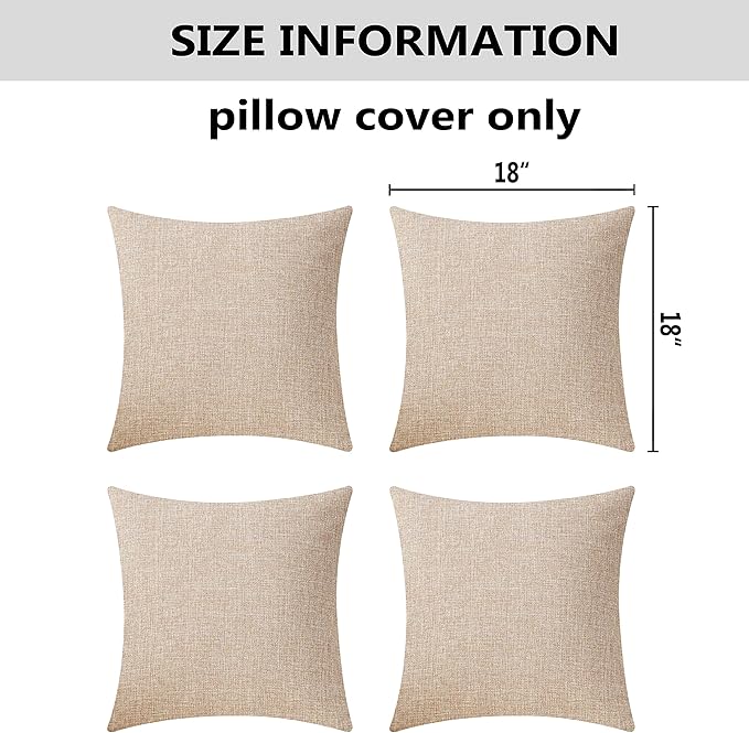 Home Brilliant Throw Pillow Covers 18x18 Lined Linen Square Pillow Covers for Couch Sofa Decor, Set of 4, Light Linen, 18 inch