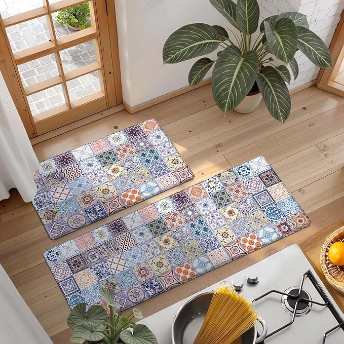 Boho Kitchen Rug Mats for Floor Cushioned Anti Fatigue Colorful Ceramic Tile Kitchen Rugs Sets of 2 Talavera Non Slip Waterproof Comfort Memory Foam Standing Floor Mat for Laundry Sink Desk