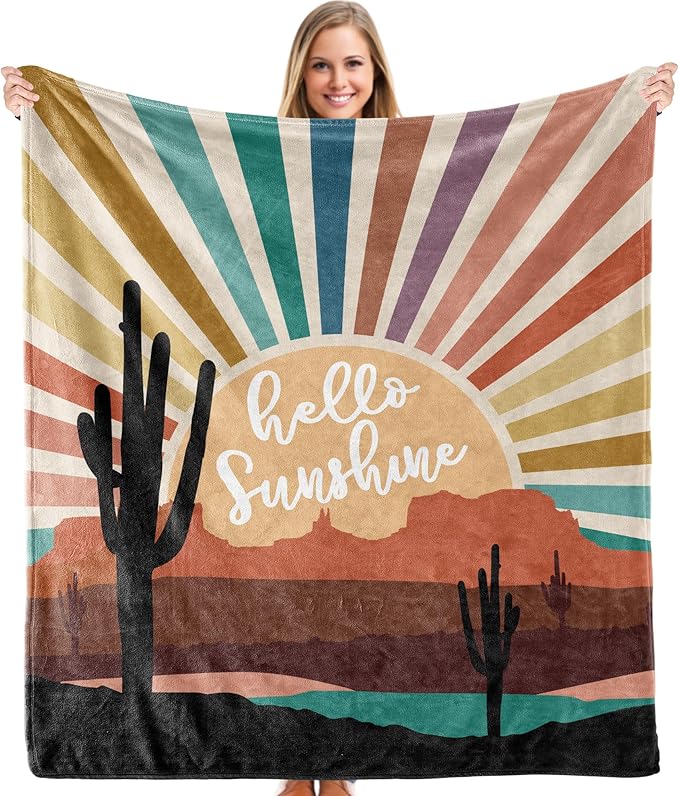 Boho Western Blanket, Boho Western Abstract Colorful Sunshine Cactus Landscape Throw Blankets Gifts for Bed Couch Bedroom Living Room Home Decor, 50x60 Inches
