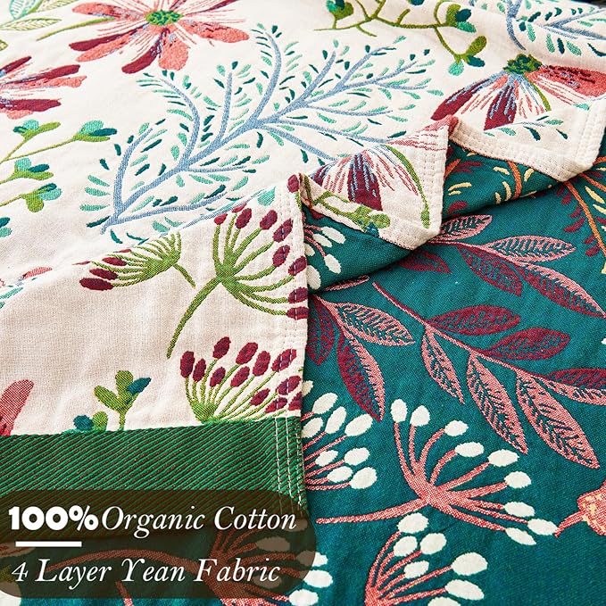 Boho Throw Blanket, 100% Organic Cotton Breathable Ultra Soft 91" x 98" Bed Quilt Throw - All Season Floral Rustic Farmhouse Decor Luxury Reversible Blanket for Sofa Couch Chair and Gift