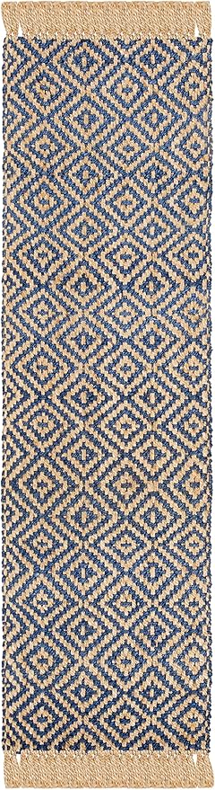SAFAVIEH Natural Fiber Collection Runner Rug - 2'3" x 8', Tropical Blue & Natural, Handmade Boho Diamond Tassel Jute, Ideal for High Traffic Areas in Living Room, Bedroom (NF266D)