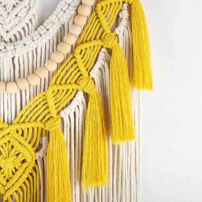 EOBTAIN Yellow Macrame Wall Hanging Boho Macrame Wall Art Handmade Woven Tapestry with Beige Tassel, Bohemian Yellow Wall Decor for Bedroom Living Room Nursery Dorm Home, 30L x 15.7W Inch