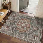 4x6 Area Rug - Washable Dining Room Rug with Non-Slip Backing, Small Rugs for Entryway, Kitchen, Bedroom, Stain Resistant Vintage Rug for Room Decor (Grey/Brown/Tan, 4'x6')