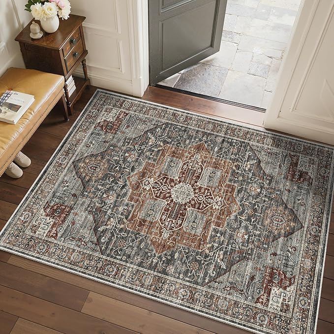 4x6 Area Rug - Washable Dining Room Rug with Non-Slip Backing, Small Rugs for Entryway, Kitchen, Bedroom, Stain Resistant Vintage Rug for Room Decor (Grey/Brown/Tan, 4'x6')