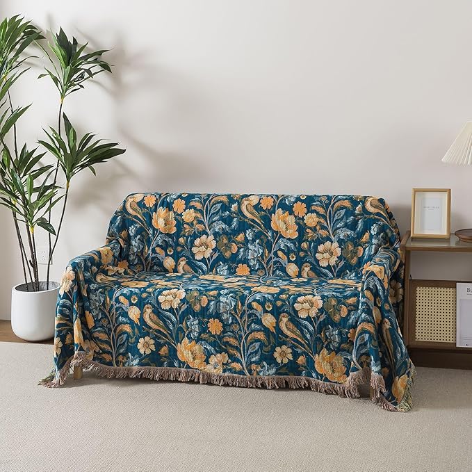 Boho Throw Blanket Twin Size, Soft Cozy Cotton Muslin Quilt Blanket for Bed Decor, Floral Patterned Couch Sofa Chair Cover, Vintage Farmhouse Cottage Tapestry Woven Blanket, Teal&Taupe