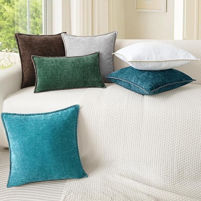 CaliTime Throw Pillow Covers Decorative 22 X 22 Inches Pack of 2 Cotton Thread Stitching Edges Solid Dyed Soft Chenille Cushion Cases for Couch Sofa Bed Living Room Farmhouse True White