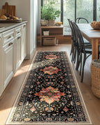 Area Rugs 2'x8' Runner Rug Non Slip Washable for Kitchen Hallway Bedroom Beside Laundry Room Bathroom Rug, Floor Carpet, Black Colorful Floral Dark Tan