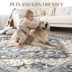 Washable Rug 6x9 Area Rugs: Boho Vintage Distressed Oriental Medallion Neutral Thin Large Rug Carpet for Living Room Bedroom Dining Room Home Office Decor - Blue