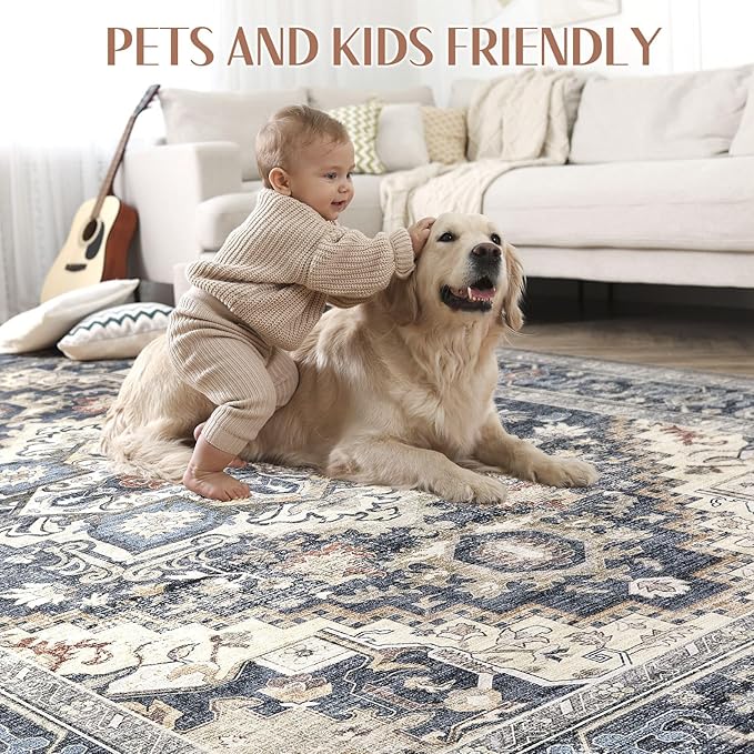 Washable Rug 10x14 Area Rugs: Boho Vintage Distressed Oriental Medallion Neutral Thin Large Rug Carpet for Living Room Bedroom Dining Room Home Office Decor - Blue