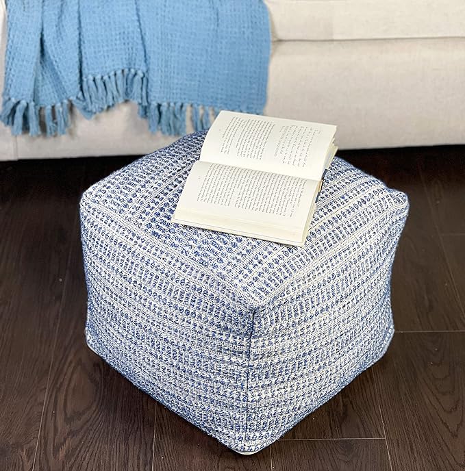 Chardin home UNSTUFFED Ottoman, Cozy & Bohemian Pouf Covers, Hand Crafted Casual Seating, Footrest, Square Floor Pillow for Home, Office, Bedroom, Living Room, 16.5" x 16.5"x 12.9", Blue-Off White