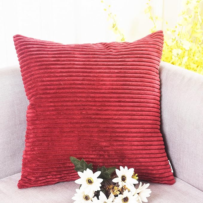 Home Brilliant Pillow Covers 18x18 Decorative Throw Pillows for Couch Dark Red Soft Plush Corduroy Striped Throw Pillow Covers Set of 2 for Sofa Couch Bed, 18 x 18 Inch, Burgundy