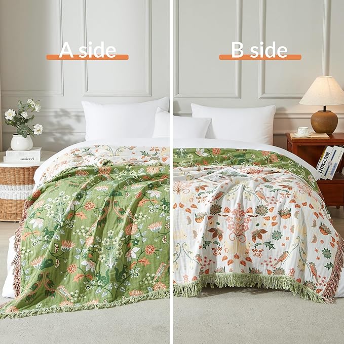 Boho Throw Blanket for Bed 60”x80”, 100% Cotton Woven Blanket for Couch Sofa, Ultra Soft 4-Layer Muslin Quilt with Floral Printed, Farmhouse Bed Blanket/Cover for Living Room Decor