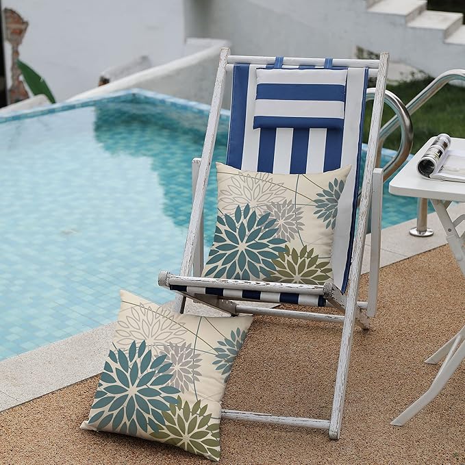 DFXSZ Blue Army Green Outdoor Pillow Covers Set of 2 16X16 Inch Teal Floral Elegant Polyester Flower Pillow Case Outdoor Waterproof Decor for Patio Funiture Garden Linen Cushion Covers 01C16