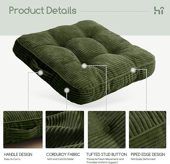 HIGOGOGO Floor Pillow Cushion for Adults, Meditation Cushion Pillow, Large Square Floor Sitting, Tufted Corduroy Cover, for Tatami Living Room or Yoga, 22x22 Inch, Dark Green