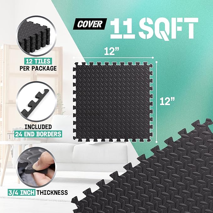 Yes4All EVA Interlocking Mats, Puzzle Floor Tiles, Foam Floor Padding with Border for Furniture, Home Space, Living Room, Garage 11 SQFT