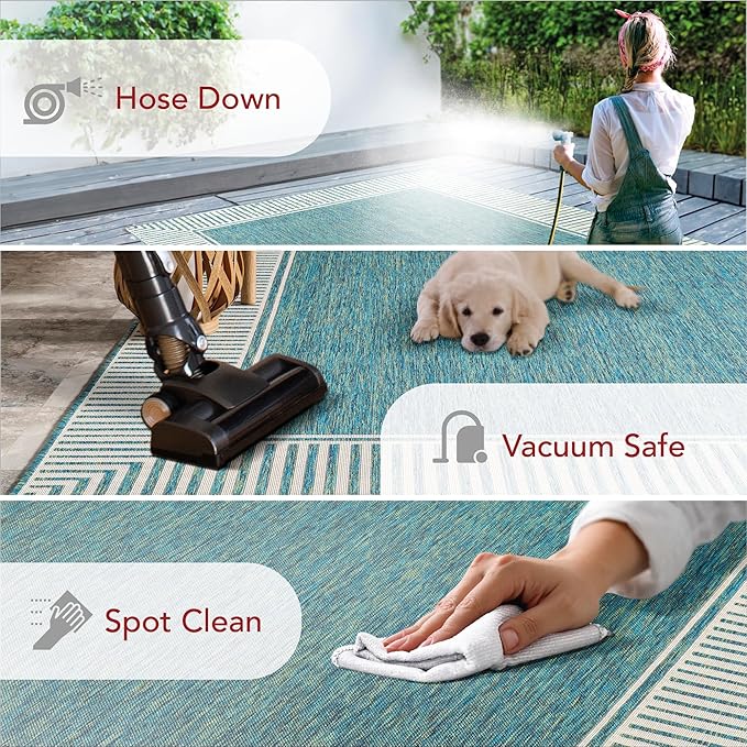 Nuloom Asha Teal/Ivory, 4' x 6', Casual, Striped Border, Soft and Cozy, High Traffic, Stain Resistant, Easy Clean, Durable Area Rug for Indoor/Outdoor Patio, Deck, Porch, Garden, Courtyard