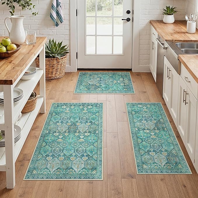 GENIMO Kitchen Mats for Floor Set of 3 Non-Slip Washable, Waterproof Lightweight Kitchen Rugs, Kitchen Floor Mat Runner Rug Carpet for Laundry, Sink, Hallway, Bathroom, Entryway, Dark Green