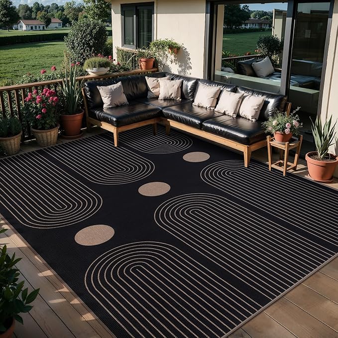 Tangsoo Modern Easy Jute Rug 5x7 Large Washable Area Rugs for Dining Room Table,Black Non-Slip Thin Indoor Outdoor Rug,Farmhouse Natural Throw Mat for Living Room Office Backyard Patio