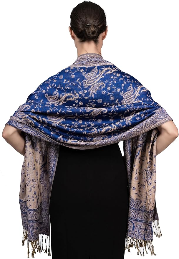 Achillea Reversible Paisley Pashmina Rave Scarf – Exotic Indian Shawls and Wraps for Evening Dresses, Festivals, All Seasons