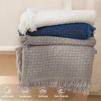 Exclusivo Mezcla Twin Size Knit Blanket with Fringes for Bed, Reversible Super Soft and Warm Woven Boho Throw for All Season, Home Decor, 60"x80", Navy Blue