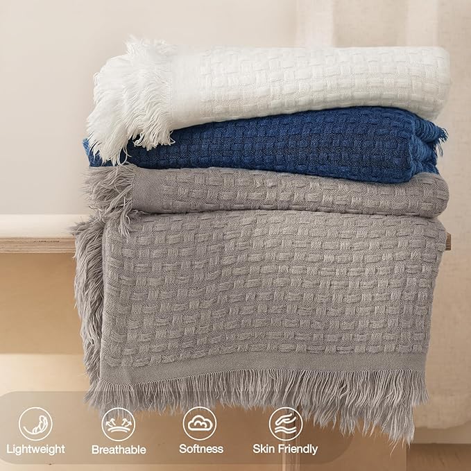 Exclusivo Mezcla Twin Size Knit Blanket with Fringes for Bed, Reversible Super Soft and Warm Woven Boho Throw for All Season, Home Decor, 60"x80", Navy Blue
