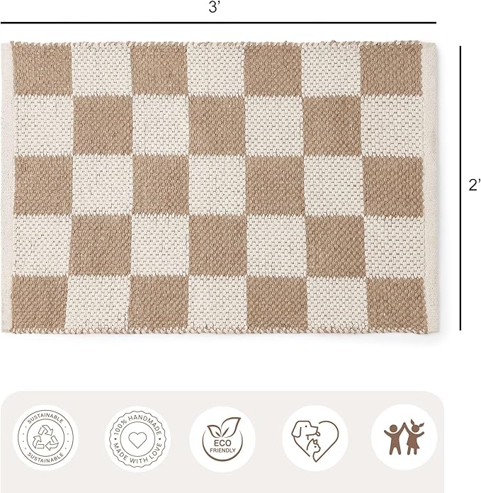 · REDEARTH · Jute Cotton Area Rug, Sustainable Handwoven, Non-Shedding, Soft & Durable – Reversible, Neutral Tones for Home Décor in Living Room, Dining Room, Bedroom (Gridstone Natural, 2'x3')