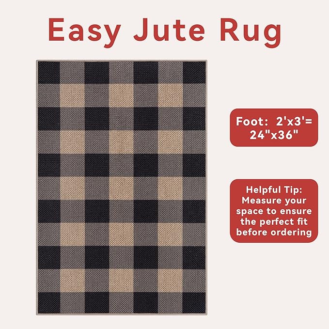 Tangsoo Checkered Easy Jute Rug, 2x3 Washable Ultra Thin Rug for Entryway Non-Slip Black Grey Outdoor Rug,Modern Front Door Mat Carpet for Kitchen Bedroom Porch Doorway