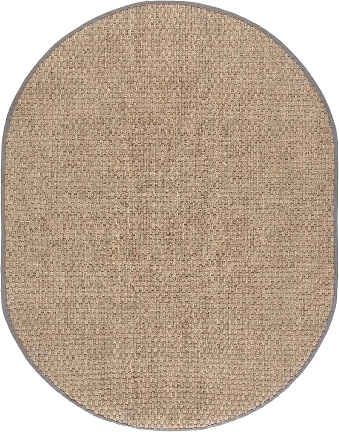 SAFAVIEH Area Rug 6x8 Oval- Natural Fiber Collection - Natural & Grey, Seagrass, Basketweave Pattern with Border (NF114P)