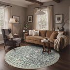 Bavni Round Rug 5ft-Machine Washable Area Rugs Non-Slip for Bedroom, 5x5 Vintage Floral Rug Distressed Throw Carpet for Living Room Nursery Kitchen Bathroom, Green/Blue