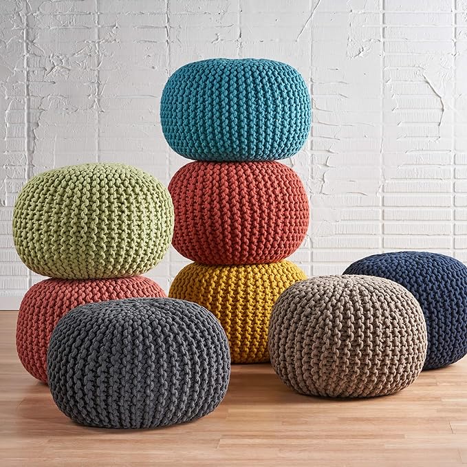GDFStudio Handcrafted Modern Cotton Pouf Ottoman Foot Stool - Bean Bag Floor Chair - Foot Rest Couch for Living Room Bedroom, Navy