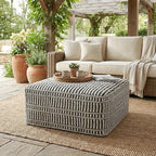 SIMPLIHOME Safford Square Pouf - 20 inch Wide Upholstered PET Polyester Ottoman in Cream White and Deep Black, Boho Indoor/Outdoor Footstool or Extra Seating for Living Room or Patio, Assembled