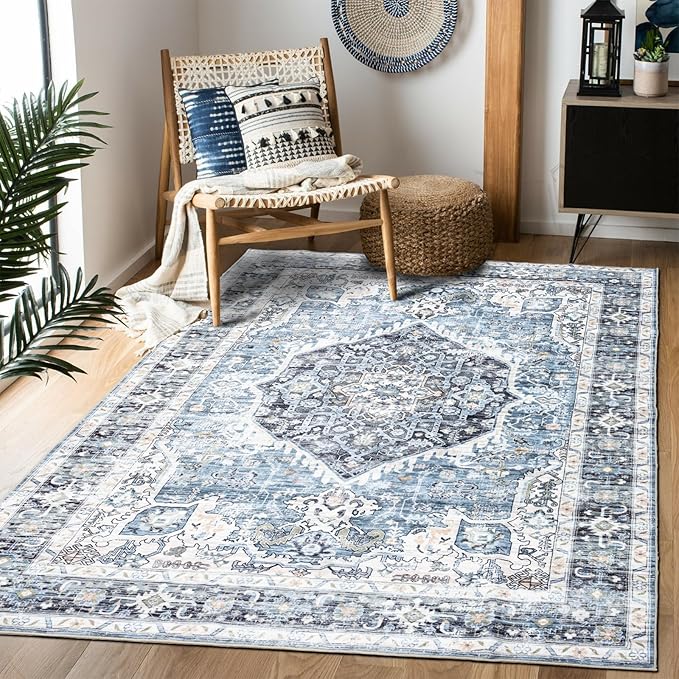 Area Rug 5×7, Vintage Boho Rug,Ultra-Soft Low Pile, Washable, Non Slip,Stain Resistant Printed Carpet for Living Room Bedrooms Playroom Office Kitchen, Light Blue