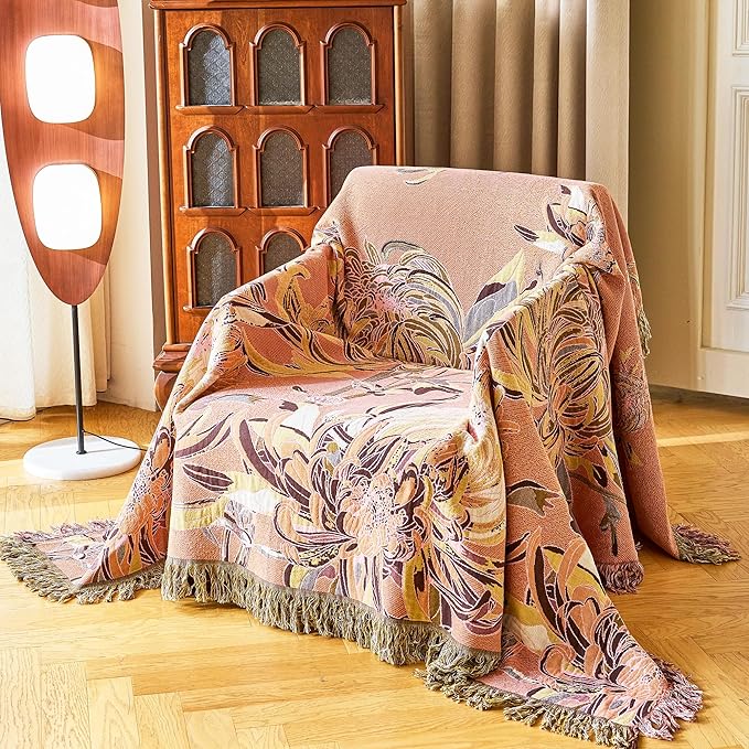 Boho Throw Blanket 80" x 90", 100% Organic Cotton Breathable Skin-Friendly Ultra Soft Bed Quilt Throw - Floral Rustic Decor Luxury Reversible Blanket for Sofa Couch Chair and Gift,