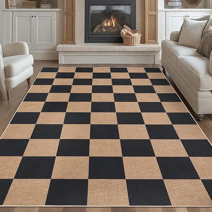 GarveeHome Easy Jute 8x10 Area Rugs for Living Room Checkered Rugs Machine Washable Non-Slip Backing Indoor Outdoor Carpets for Farmhouse Dining Room Nursery Patio Black Tan