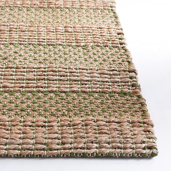SAFAVIEH Natural Fiber Collection Area Rug - 10' x 14', Green & Natural, Handmade Boho Farmhouse Rustic Jute & Cotton Jute, Ideal for High Traffic Areas in Living Room, Bedroom (NFB654Y)